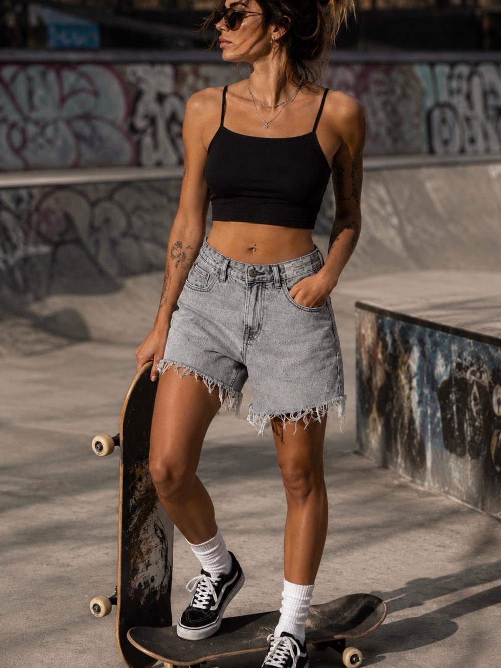 Vintage 90s Bershka Originals Light Gray High-Waist Frayed Hem Denim Shorts